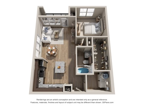 Floor plan for 1 bed, 1 bath, 855 sqft